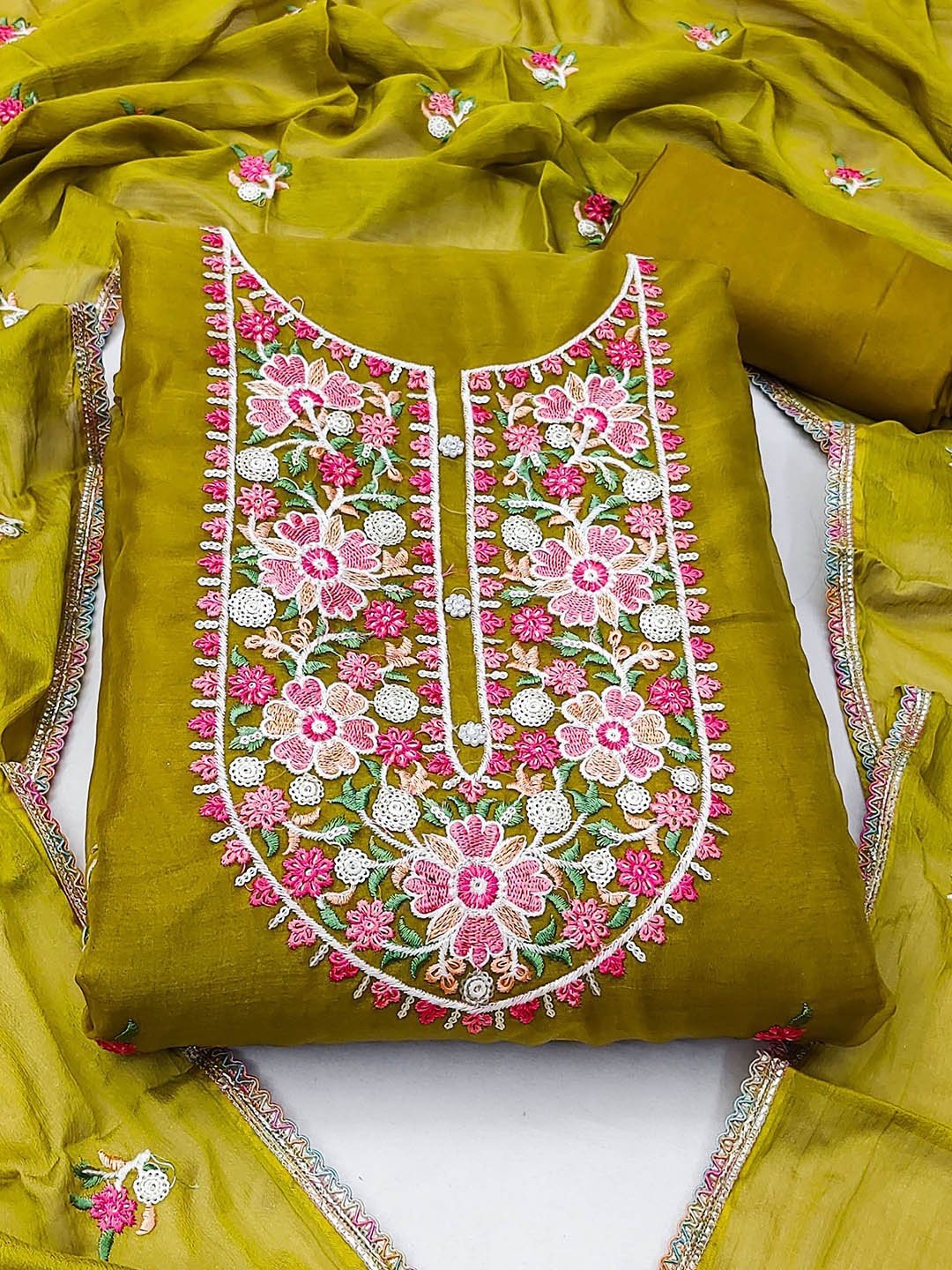 

Ishin Ethnic Motifs Embroidered Zari Organza Unstitched Dress Material, Lime green