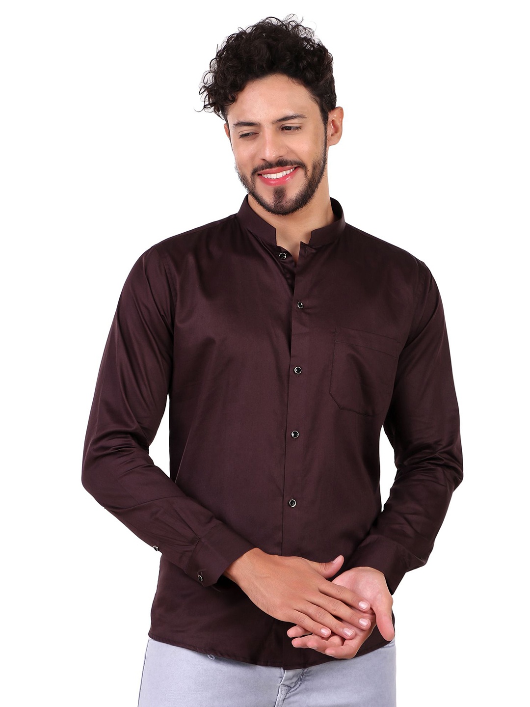 

DESIGN UP Men Radon Slim Fit Mandarin Collar Cotton Shirt, Maroon