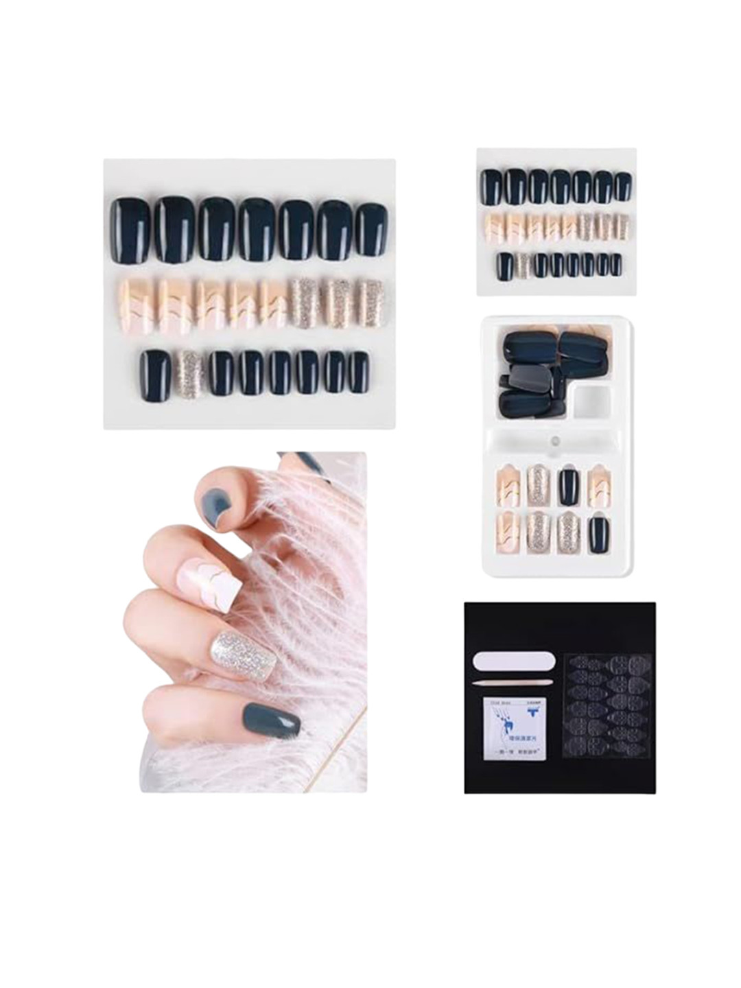 

Coslifestore 24-Pcs Acrylic Gel Artificial Press-On Nails - Nude Blue & Silver