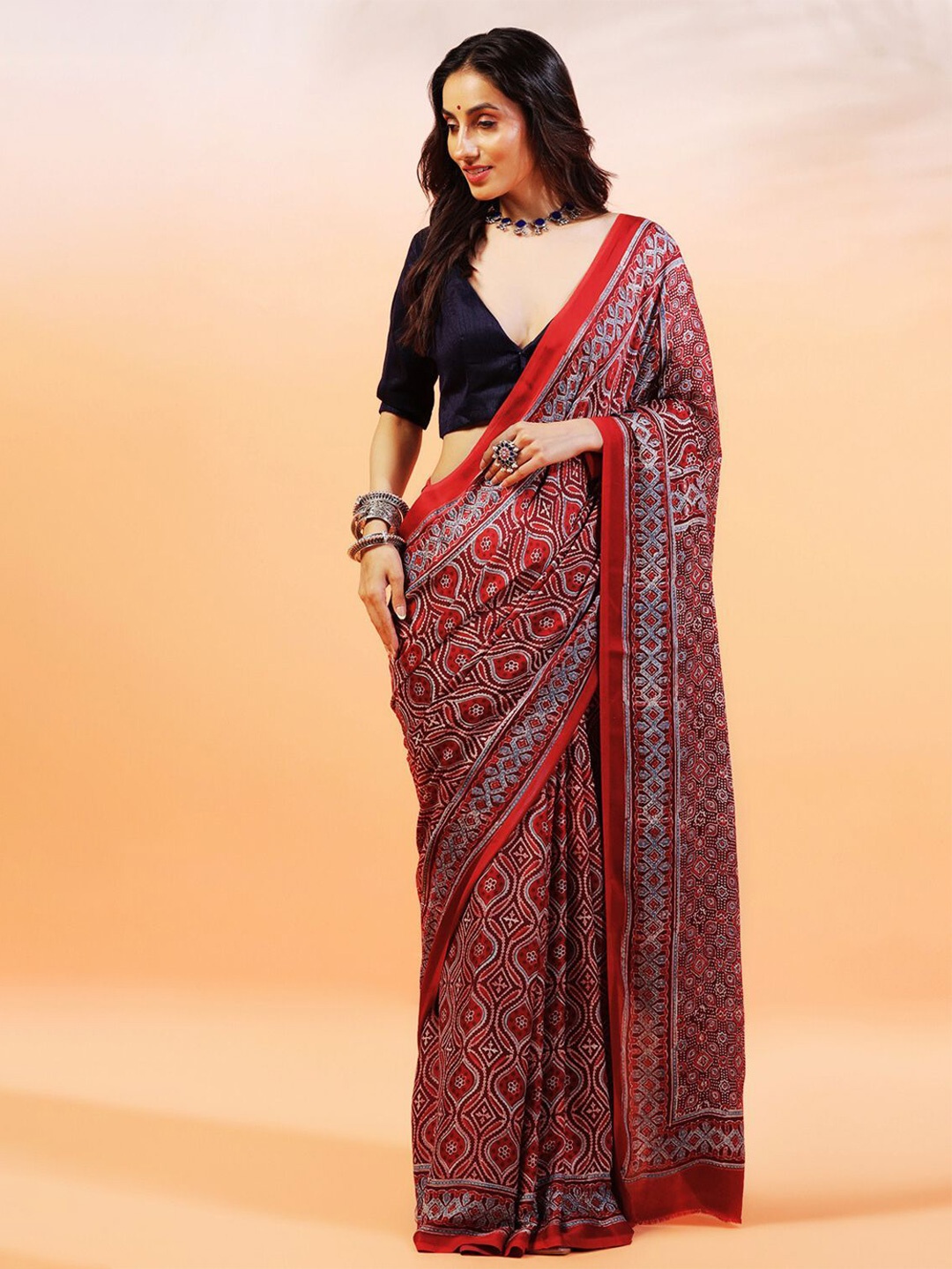 

ADITRI Handloom Handblock Printed Ajrakh Modal Silk Saree, Red