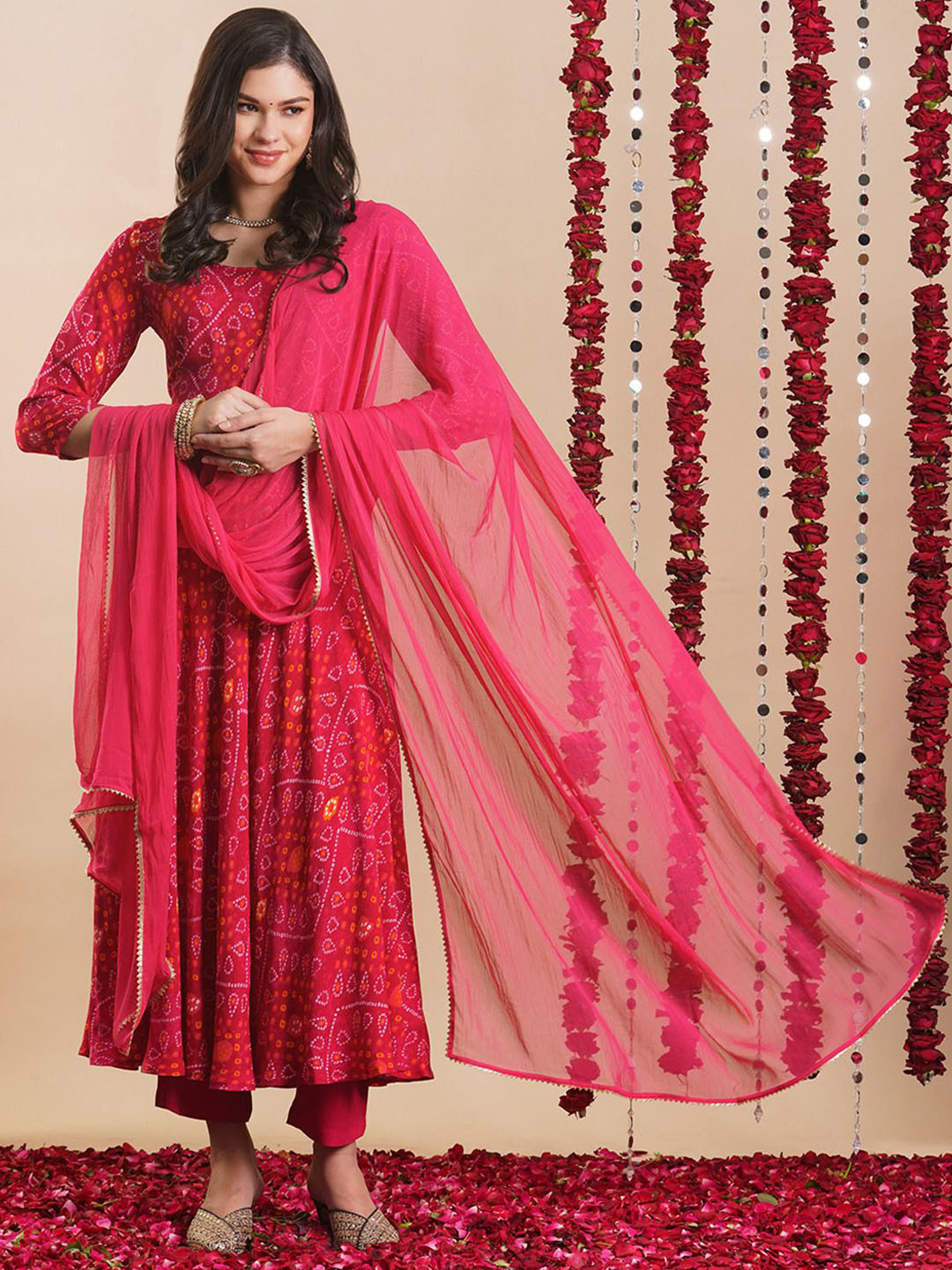 

Anni Designer Bandhani Printed Round Neck Rayon Anarkali Kurta & Trousers & Dupatta, Red