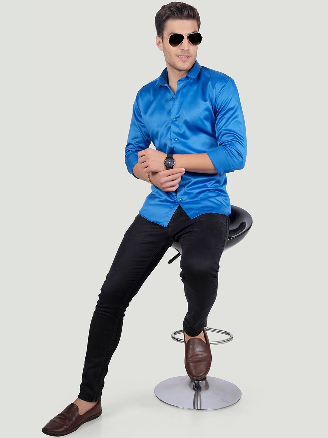 

ALMATY Men Comfort Spread Collar Solid Cotton Slim Fit Party Shirt, Blue