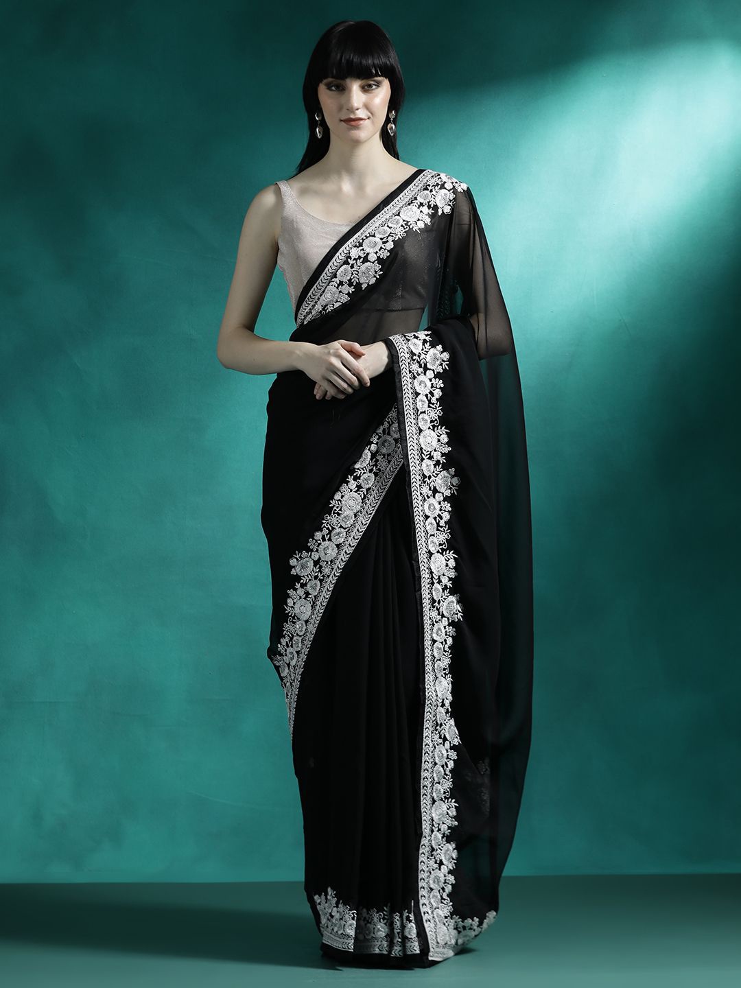

Sangria Floral Embroidery Saree With Blouse Piece, Black