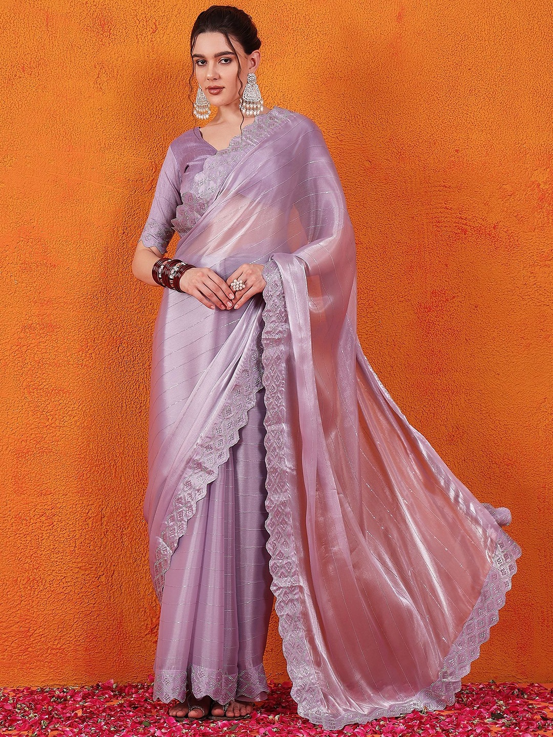 

Sangria Embellished Striped Saree, Lavender
