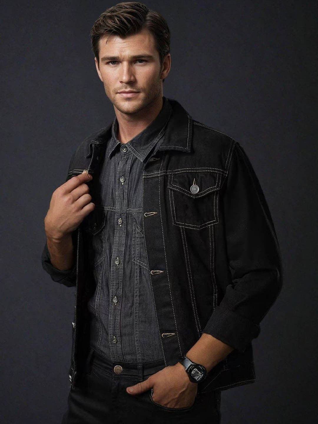 

Kotty Men Solid Denim Jacket, Black