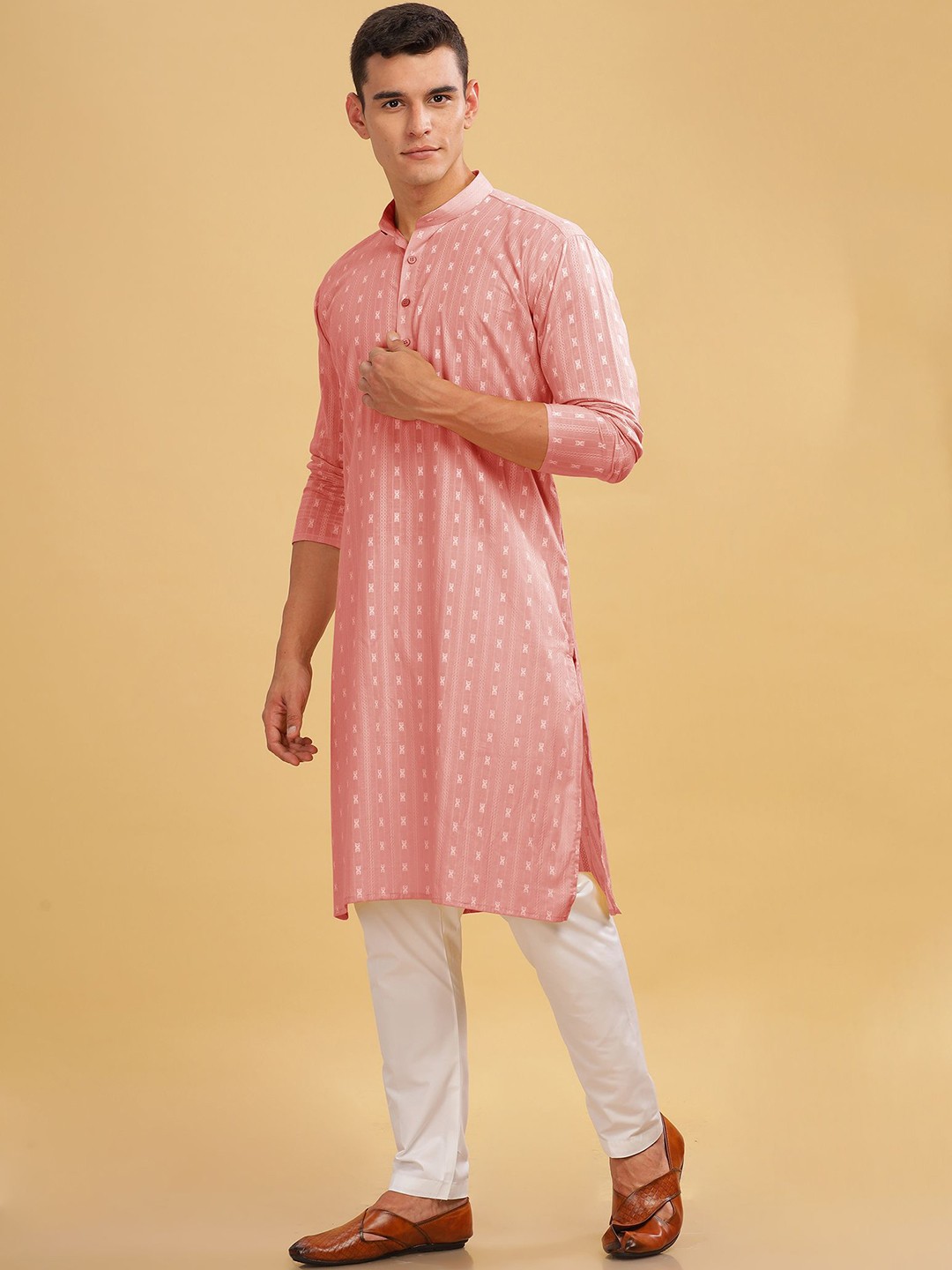 

Anouk Geometric Woven Design Band Collar Cotton Straight Kurta, Pink
