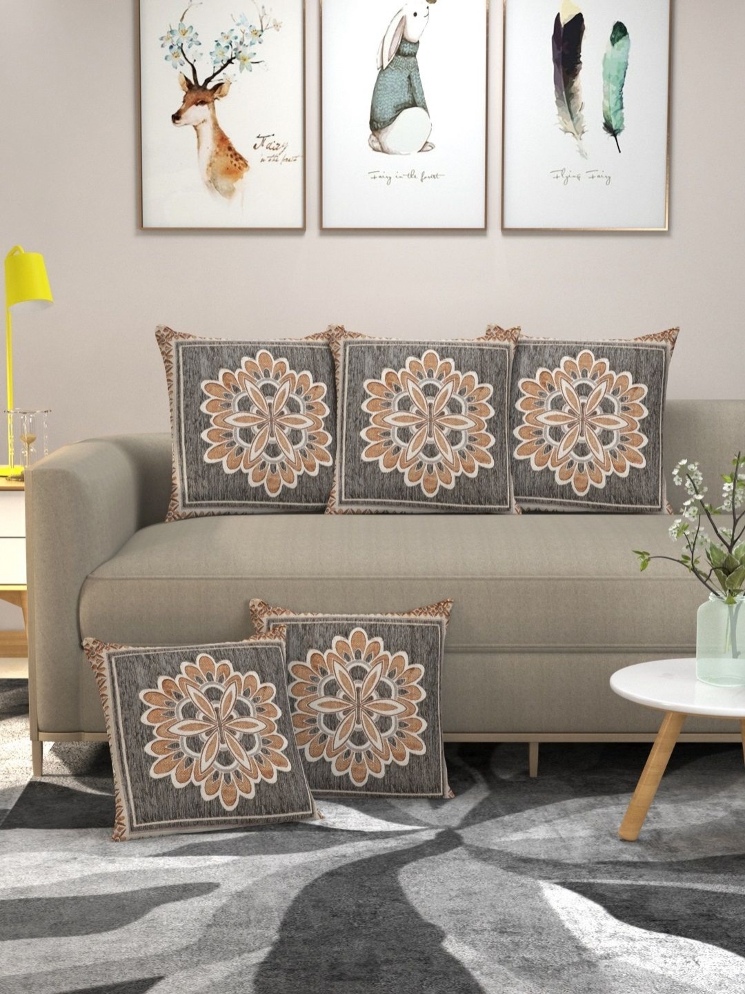 

MULTITEX Grey & Beige 5 Pieces Floral Printed Velvet Square Cushion Covers