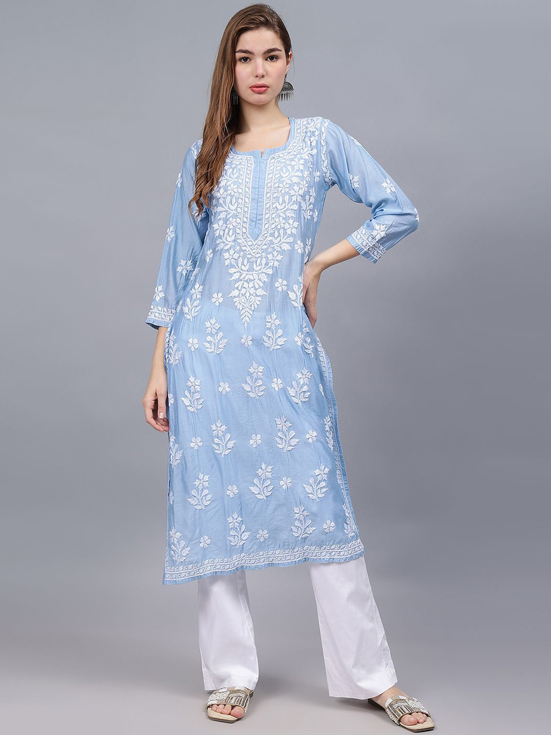 

Seva Chikan Ethnic Motifs Embroidered Chikankari Chanderi Silk Straight Kurta, Blue