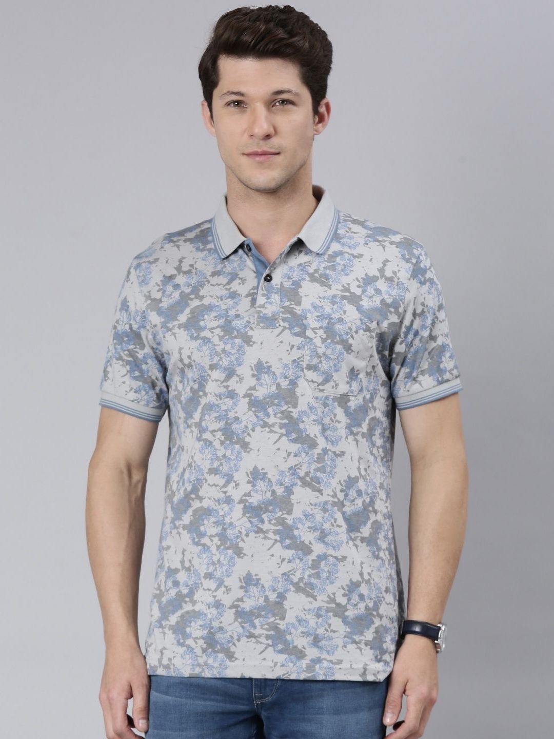 

Classic Polo Men Abstract Printed Polo Collar Cotton Slim Fit T-shirt, Blue