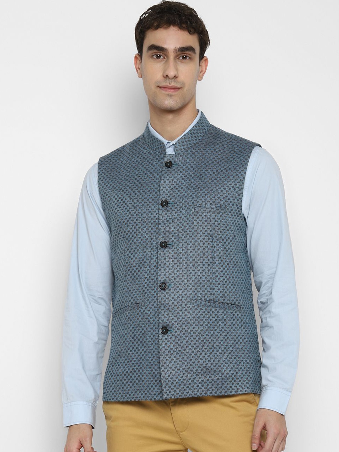 

Turtle Men Woven Design Ethnic Nehru Jacket, Blue