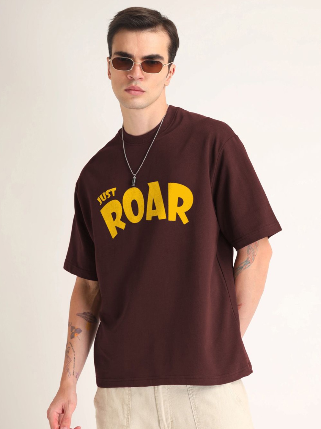 

Leotude Men Typography Printed Round Neck Cotton Oversized T-shirt, Brown