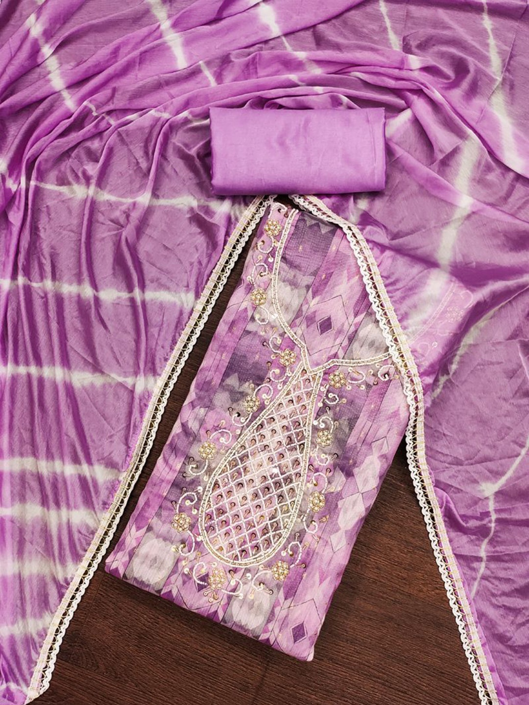 

ASISA Geometric Embroidered Beads and Stones Unstitched Dress Material, Violet