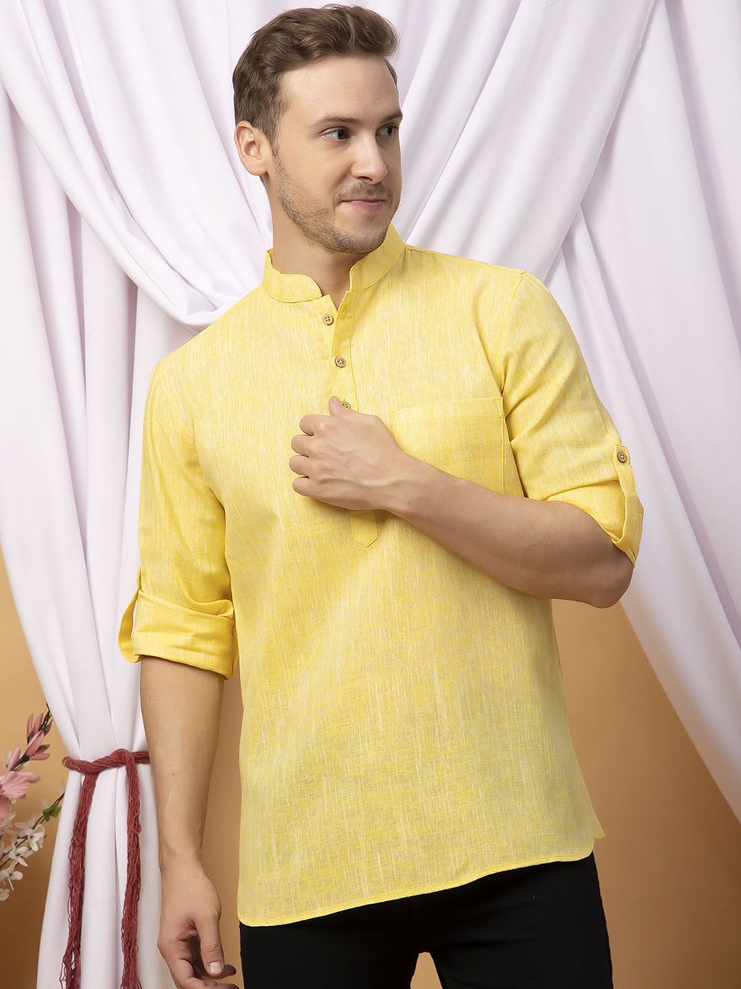 

Hangup Mandarin Collar Roll-Up Sleeves Linen Short Kurta, Yellow