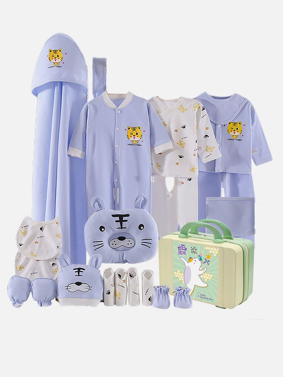 

Little Surprise Box LLP Infants Pack Of 21 Tiger Printed Cotton Baby Apparel Gift Set, Blue