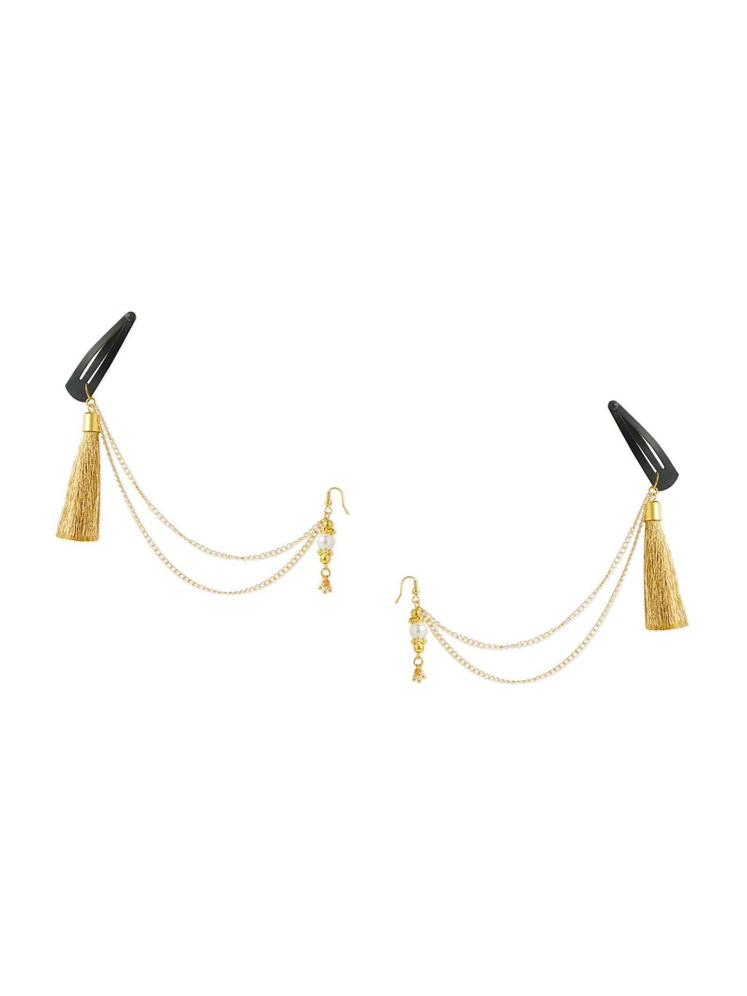 

RIBBON CANDY Beaded Drop Earrings With Tassels Ear Chain & Tic Tac Pins, Gold