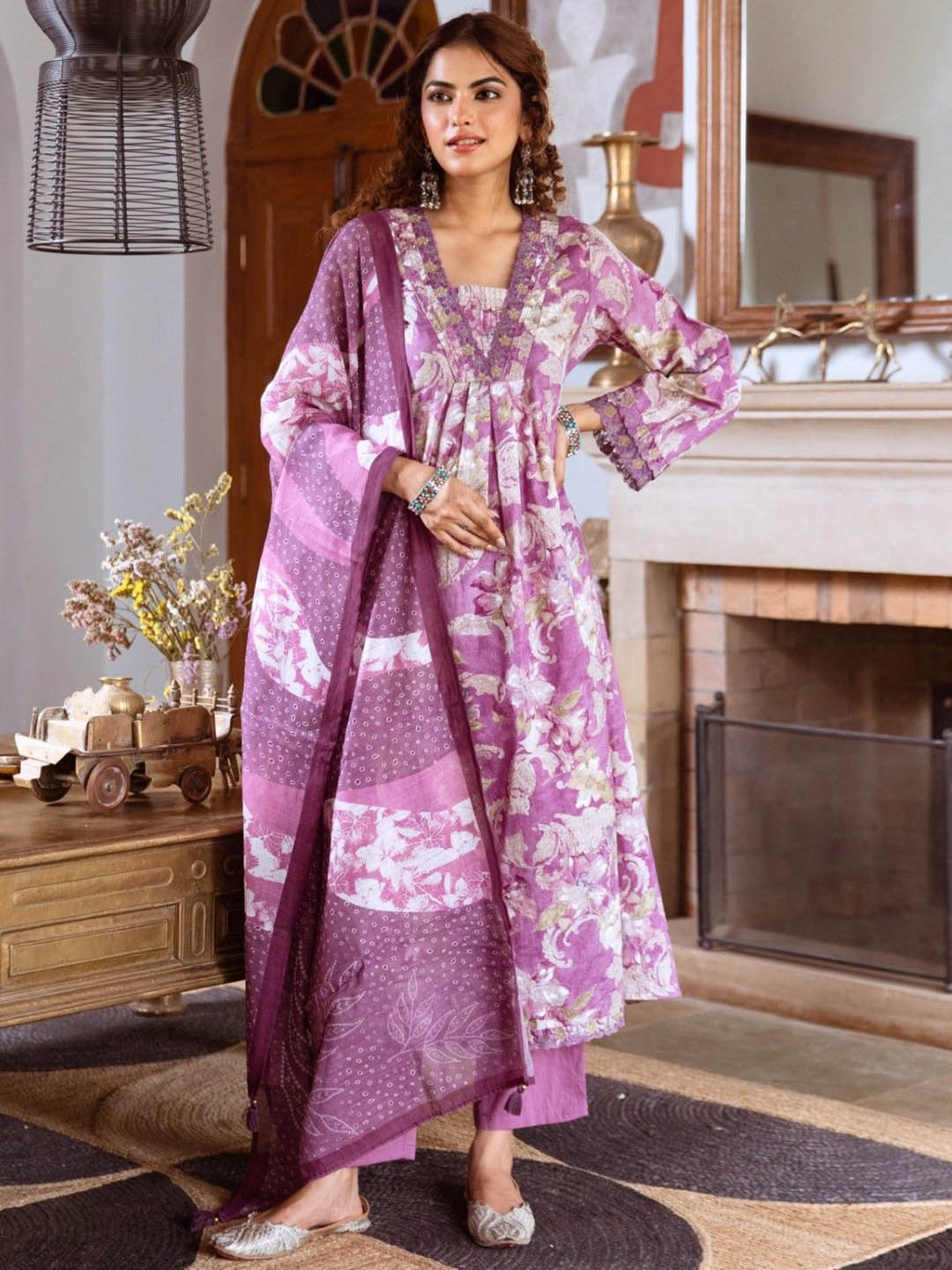 

AUTUMN LANE Ethnic Motifs Printed Thread Work Pure Cotton Kurta With Trousers & Dupatta, Purple