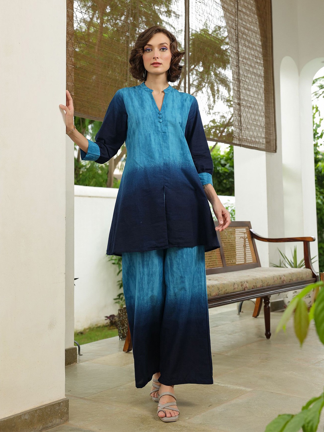

JISORA Blue Dyed Mandarin Collar Pure Cotton Tunic & Trousers