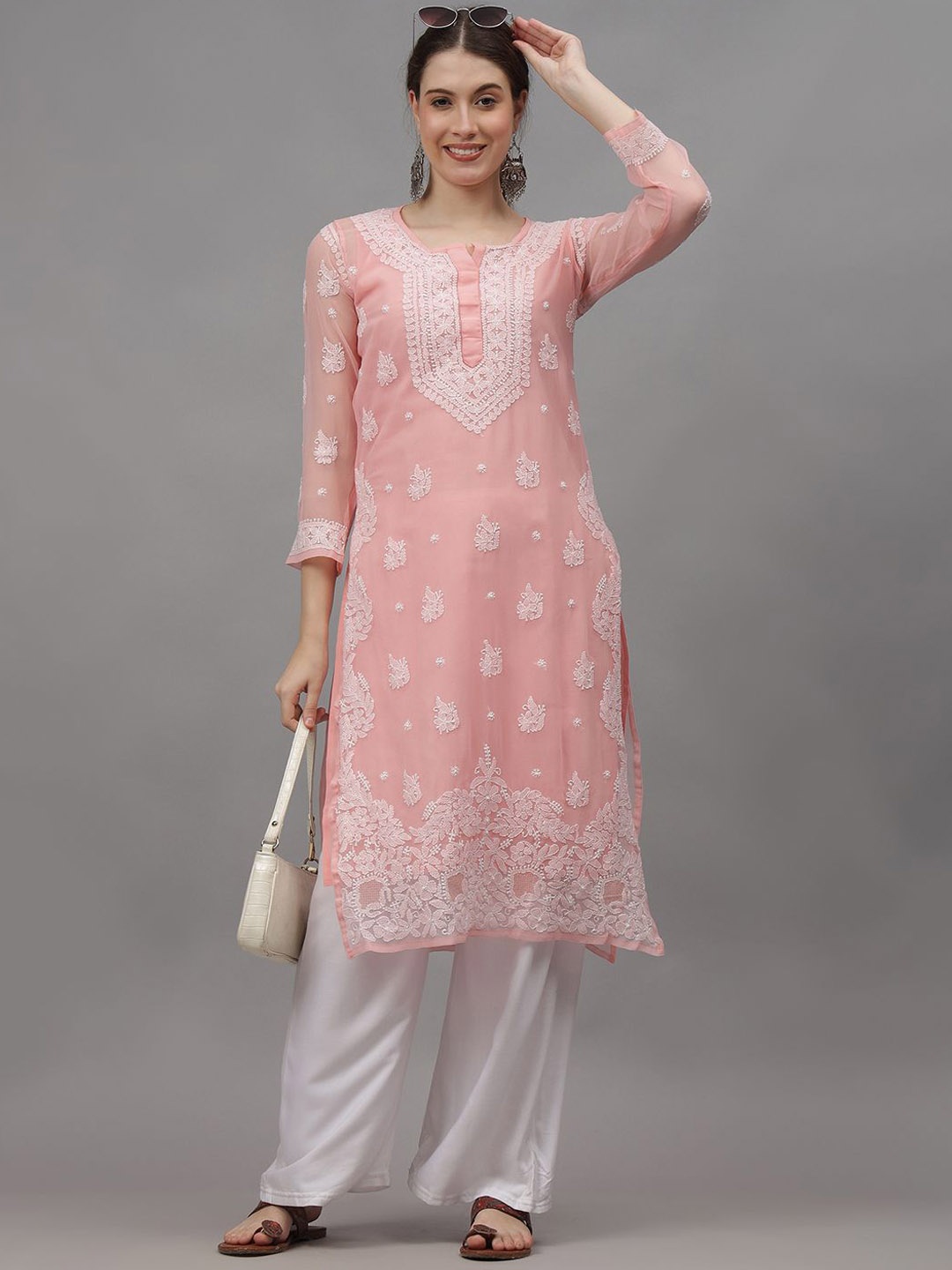 

Seva Chikan Ethnic Motifs Embroidered Chikankari Straight Kurta, Peach