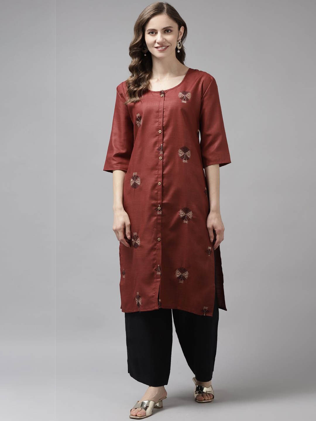 

BAESD Floral Embroidered Cotton Straight Kurta, Maroon