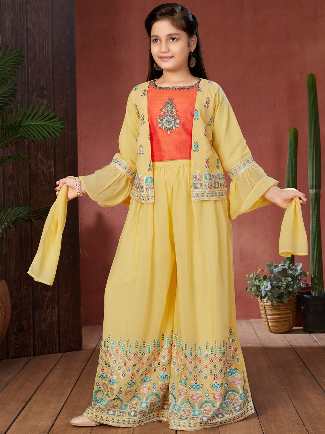 

BAESD Girls Embroidered Top With Palazzo Shrug & Dupatta, Orange