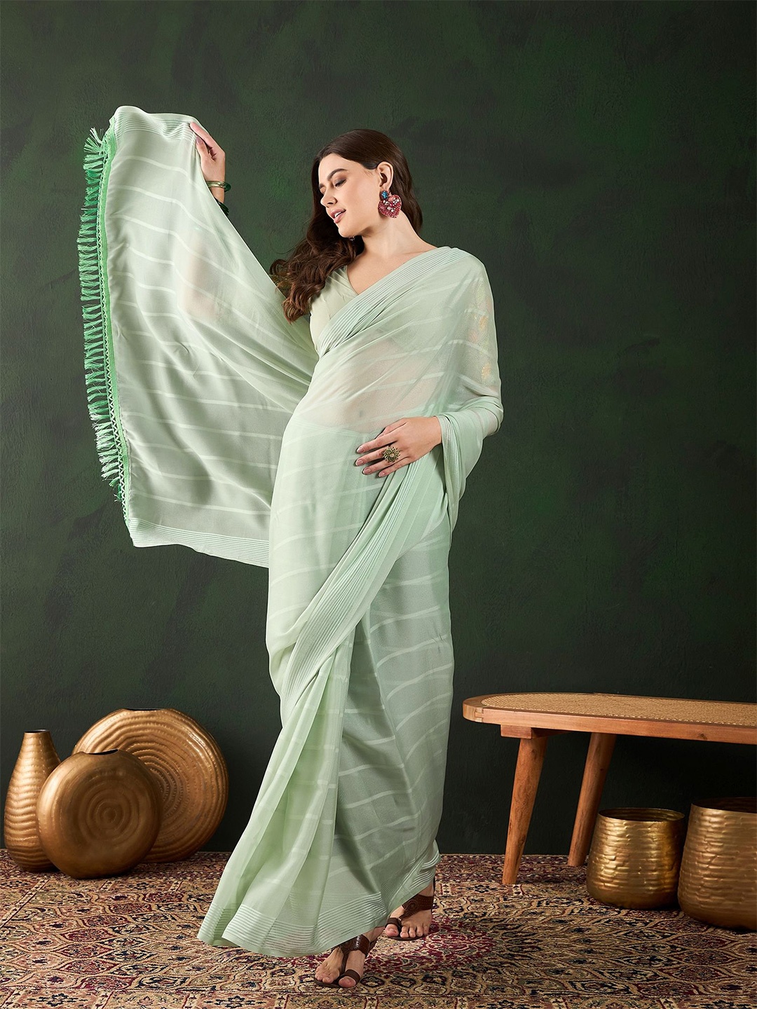 

Sangria Striped Pure Chiffon Saree With Gotta Patti Detail, Sea green