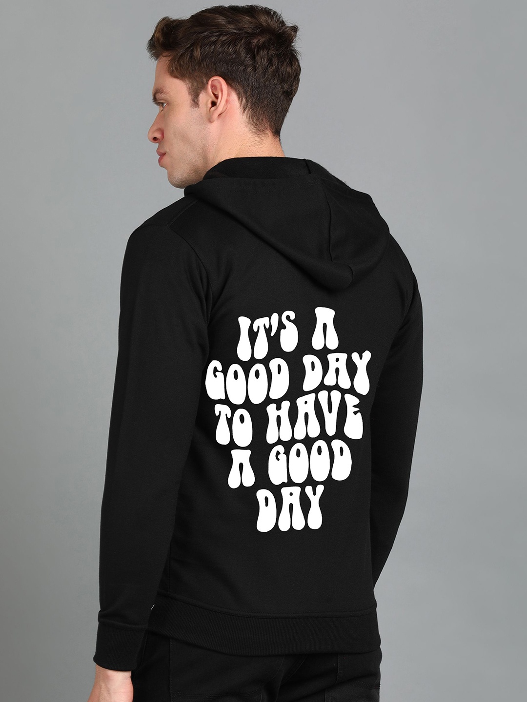 

FALTU.CO Men Typography Printed Zip Detail Hooded Sweatshirt, Black