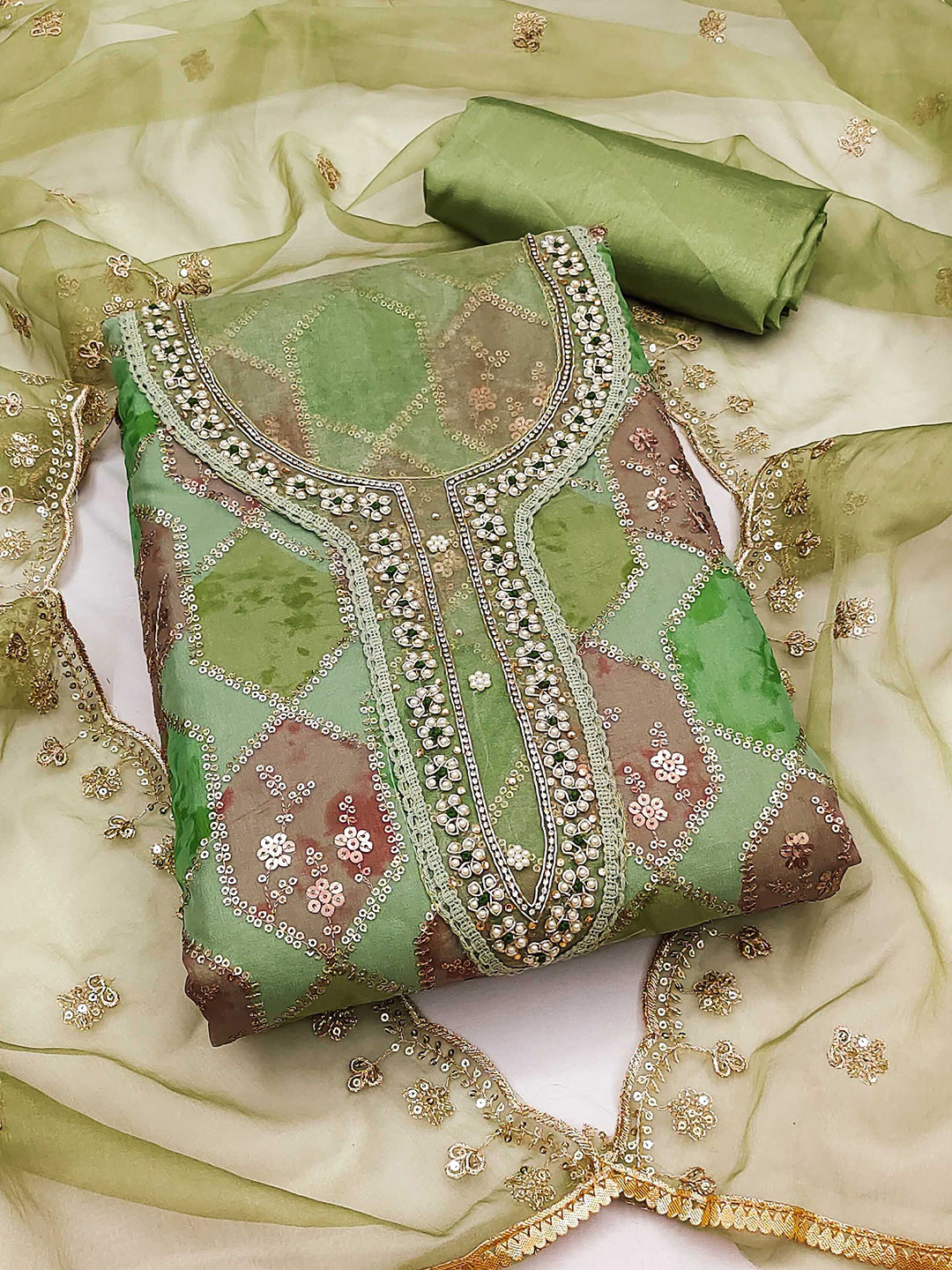 

Ishin Geometric Embroidered Beads and Stones Detail Organza Unstitched Dress Material, Green