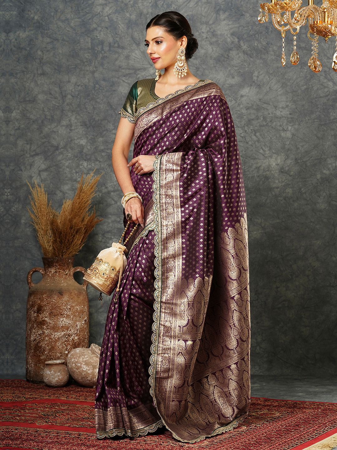 

Satrani Woven Design Sequinned Pure Silk Banarasi Saree, Purple