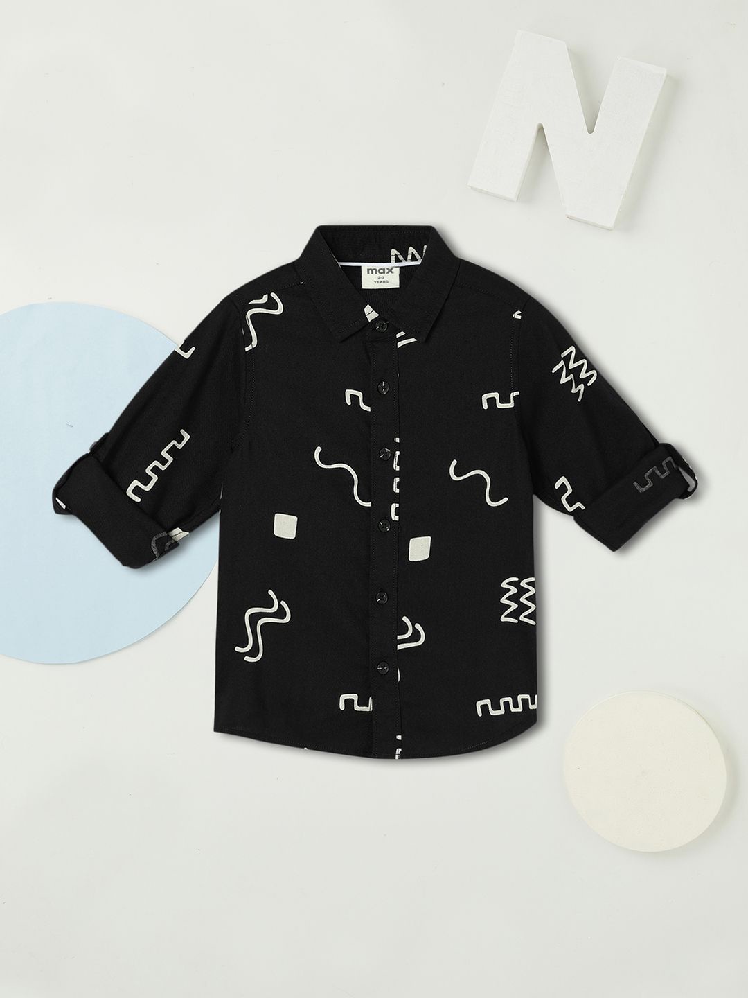 

max Boys Spread Collar Abstract Printed Cotton Casual Shirt, Black