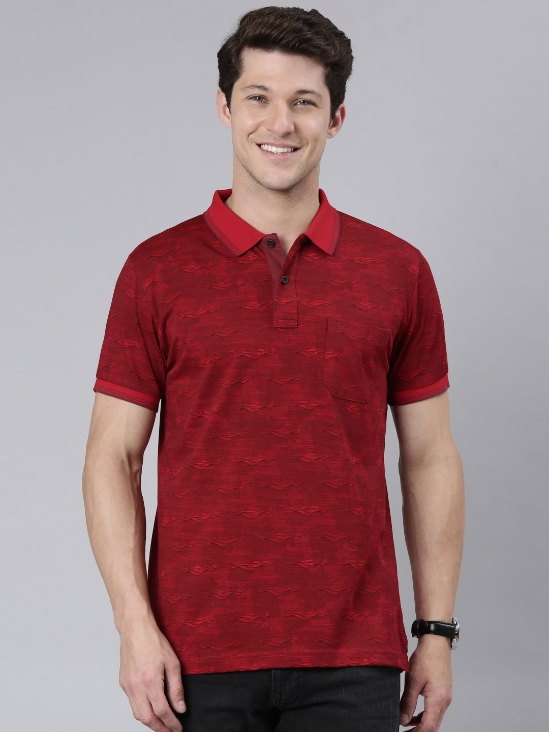 

Classic Polo Men Abstract Printed Polo Collar Cotton Slim Fit T-shirt, Red