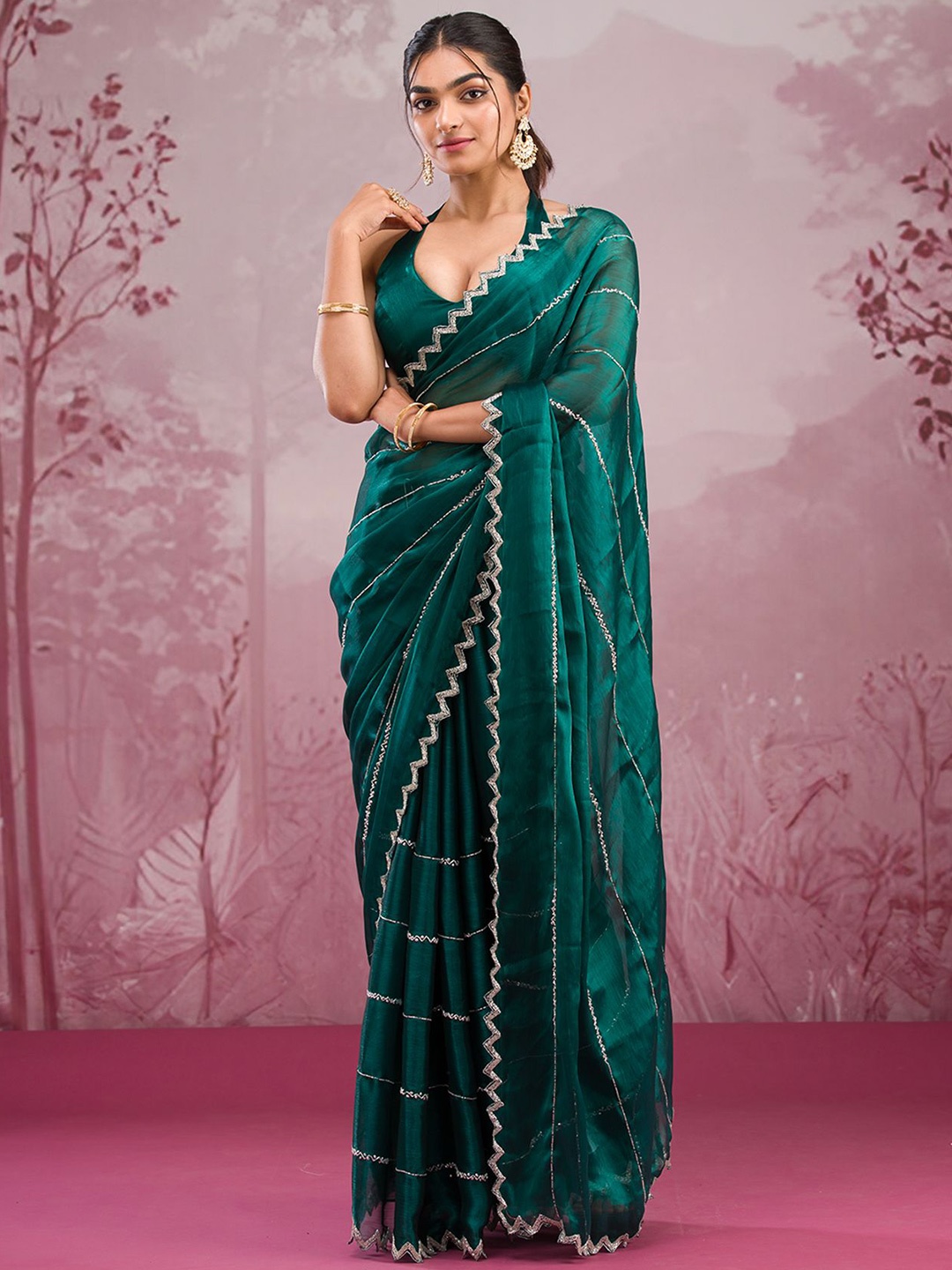 

Koskii Striped Beads and Stones Poly Georgette Saree, Green