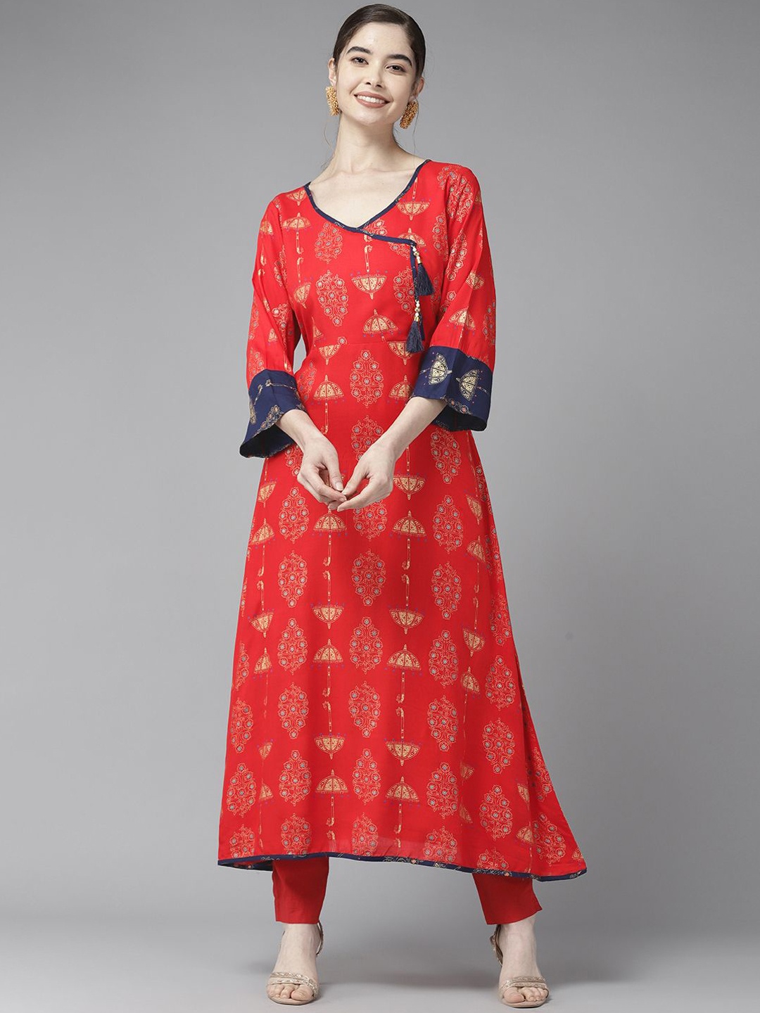 

BAESD Floral Printed Angrakha Cotton Anarkali Kurta, Red