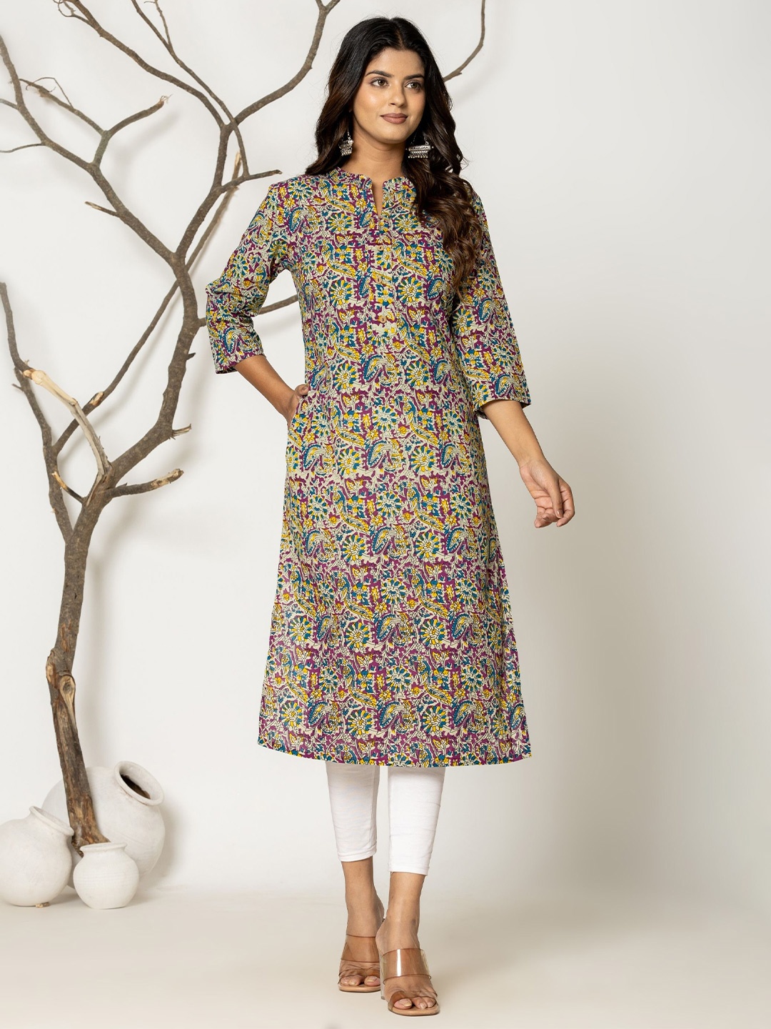 

JAIPURI BUNAAI Ethnic Motifs Printed A-Line Kurtas, Yellow