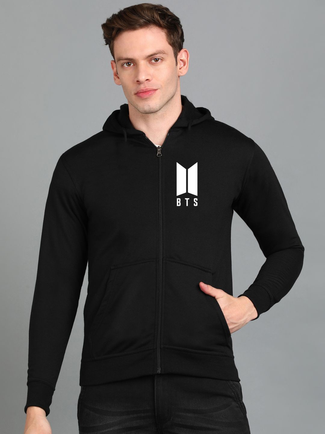 

FALTU.CO Men Printed Zip Detail Hooded Sweatshirt, Black