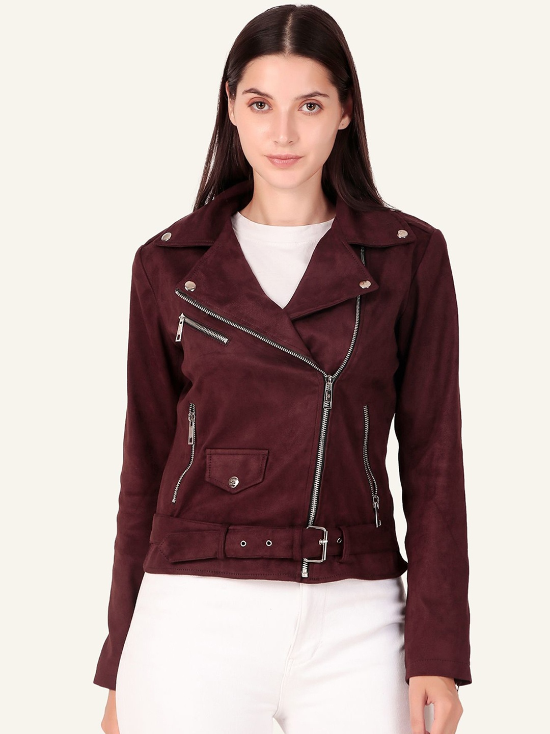 

Leather Retail Women Solid Biker Jacket, Maroon