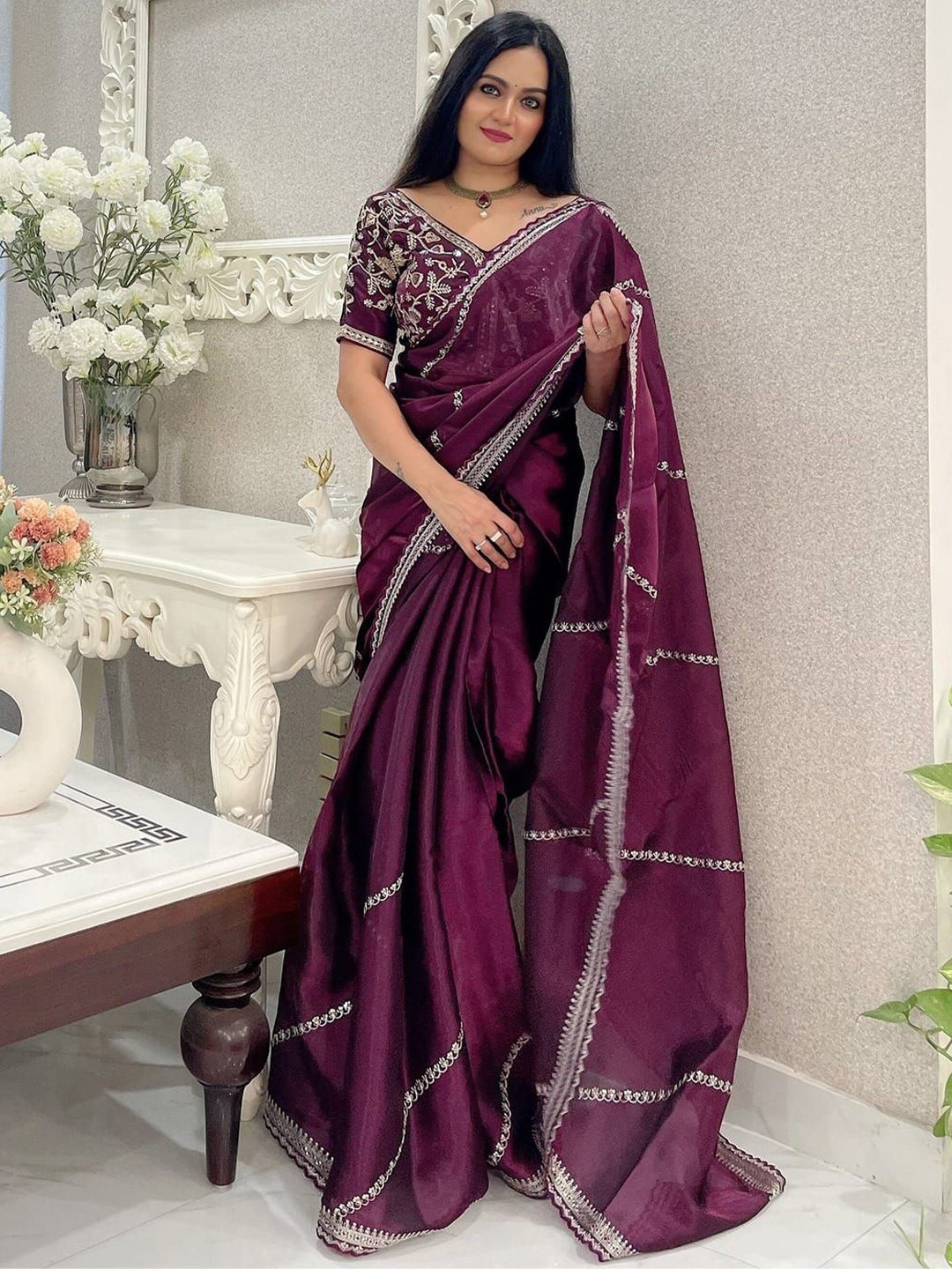 

Celeb Styles Embroidered Striped Sequinned Pure Silk Saree, Purple