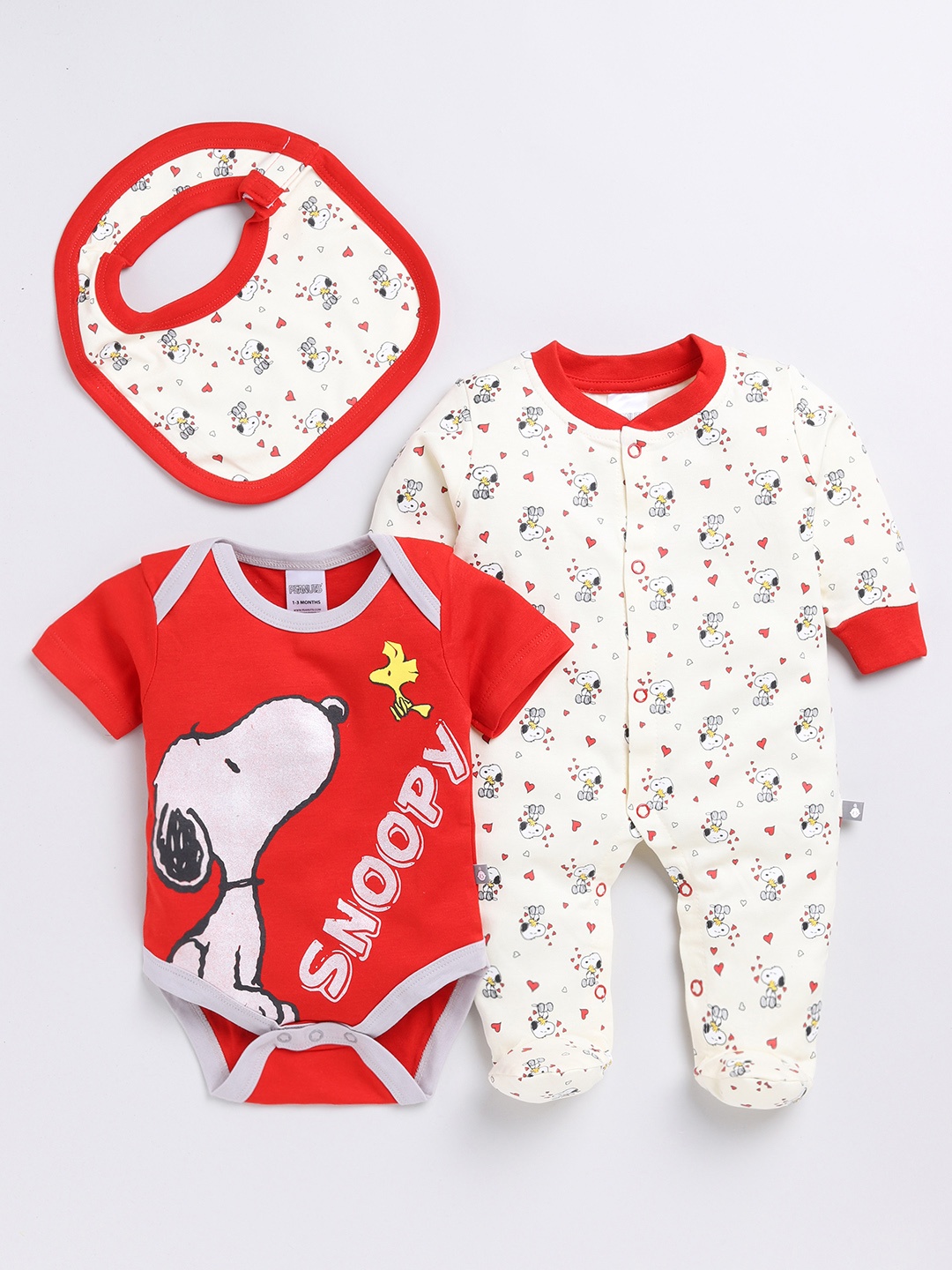 

YK X Tinyo Infant Boys Snoopy Printed Pure Cotton Bodysuit with Printed Sleepsuit, Red