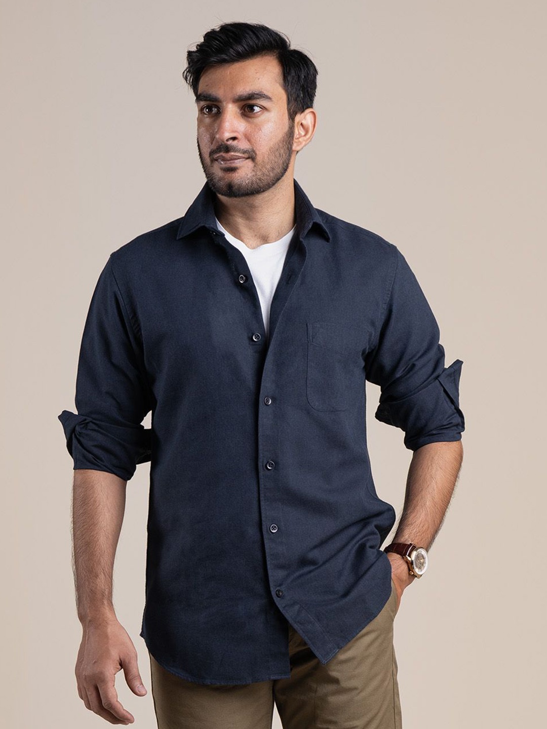 

Monks of Method Men Comfort Spread Collar Solid Casual Shirt, Navy blue