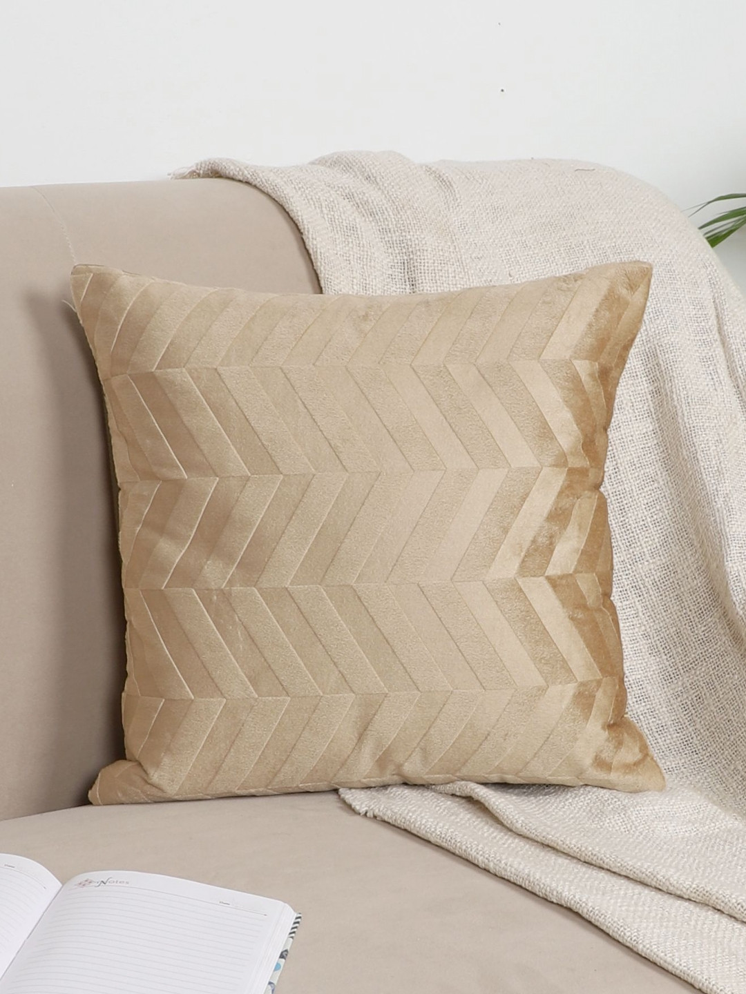 

MFD HOME FURNISHING Beige Striped Velvet Square Cushion Covers