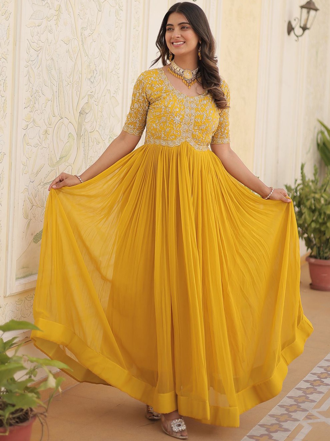 

KALINI Embroidered Georgette Ethnic Gown, Yellow