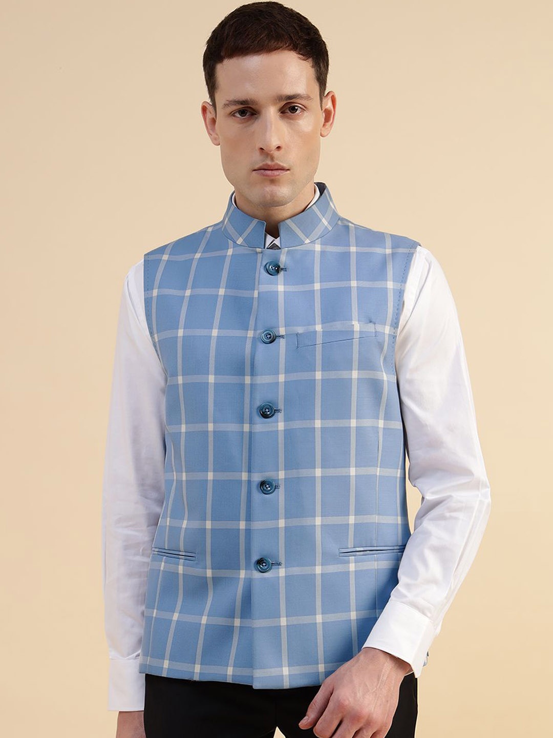 

Givo Men Checked Band Collar Nehru Jackets, Blue