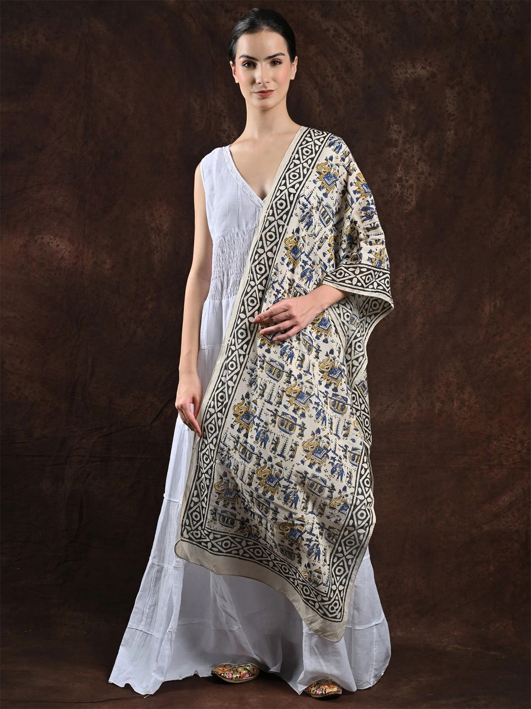

Exotic India Ethnic Motifs Printed Cotton Dupatta, Off white