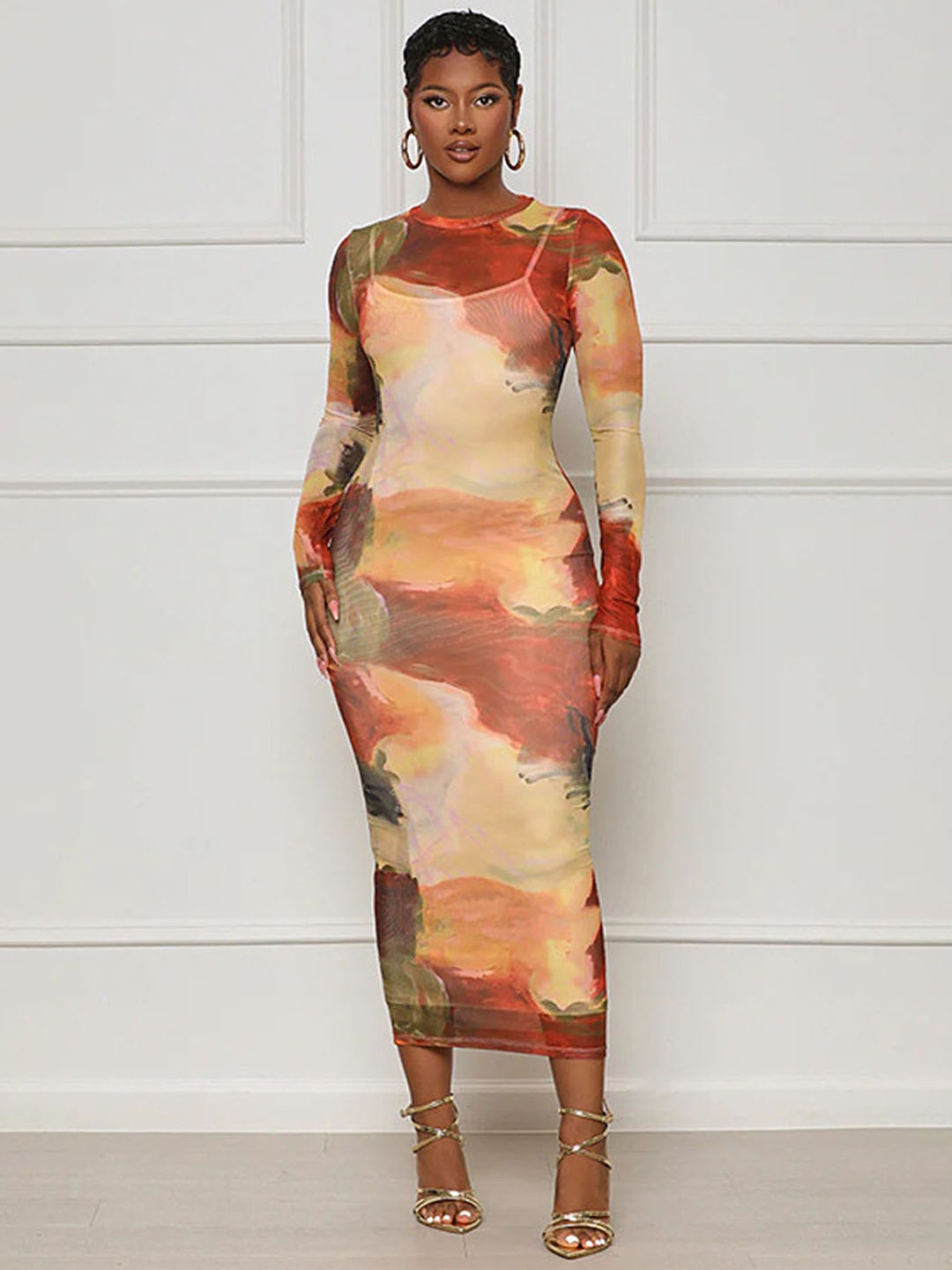 

LULU & SKY Abstract Printed Bodycon Semi Sheer Midi Dress, Red