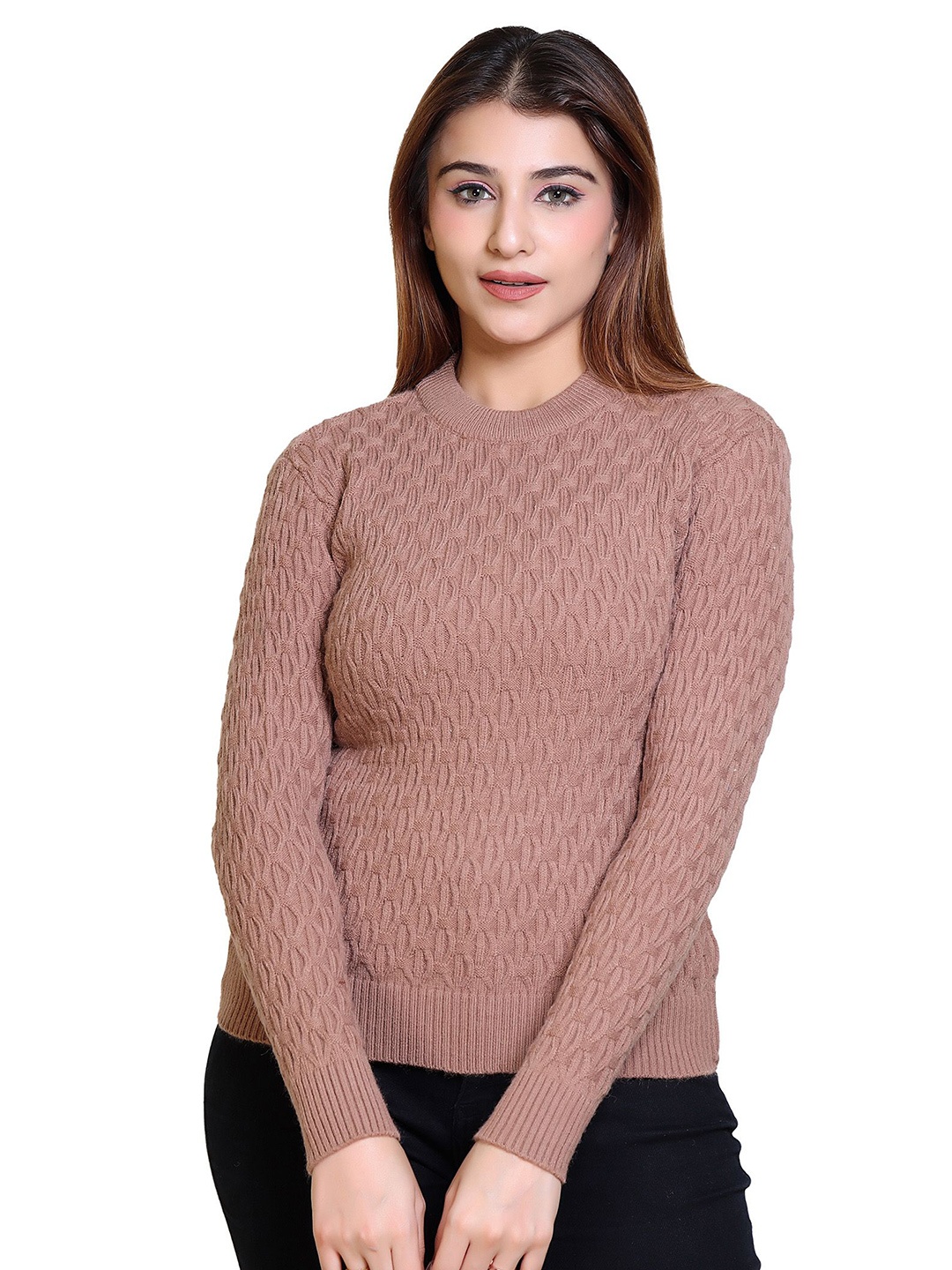 

LEZA Women Cable Knit Round Neck Pullover Sweater, Camel brown