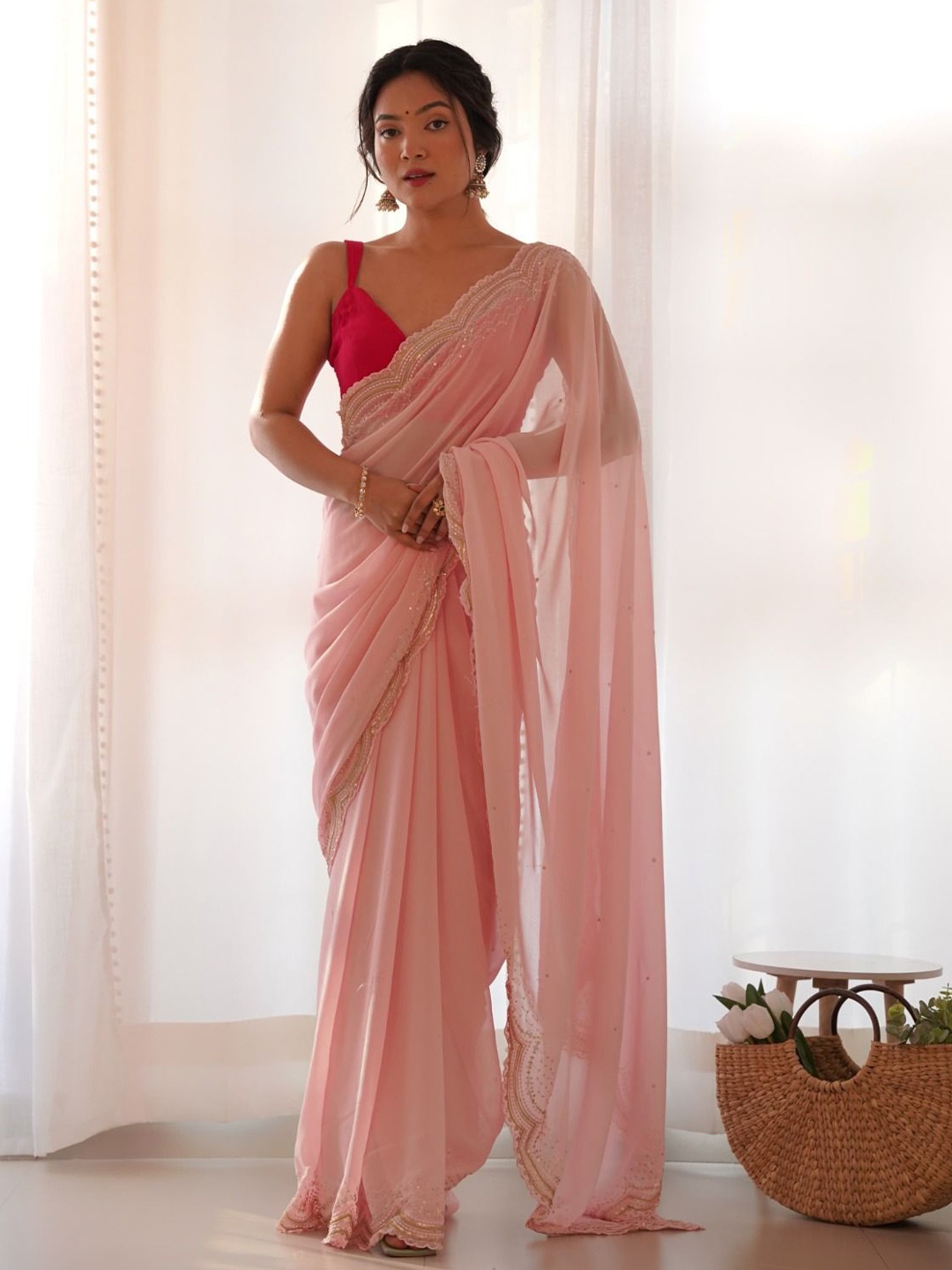 

LeeliPeeri Designer Solid Embroidered Beads and Stones Saree, Pink