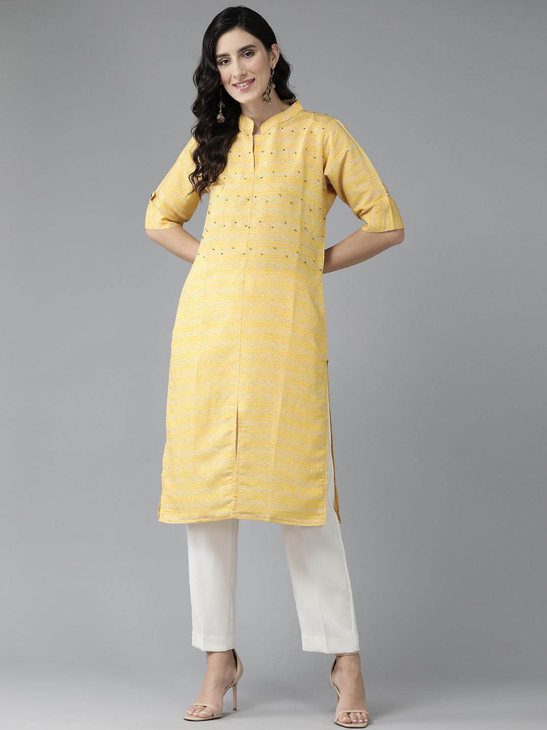 

BAESD Geometric Printed Mandarin Collar Cotton A-Line Kurta, Yellow