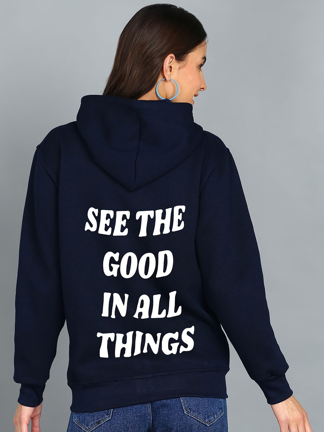 

FALTU.CO Women Typography Printed Hooded Ribbed Cotton Sweatshirt, Navy blue