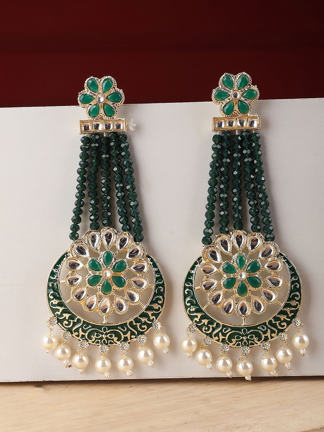 

ANIKAS CREATION Gold Plated Artificial Stones & Beads Studded Contemporary Drop Earrings, Green