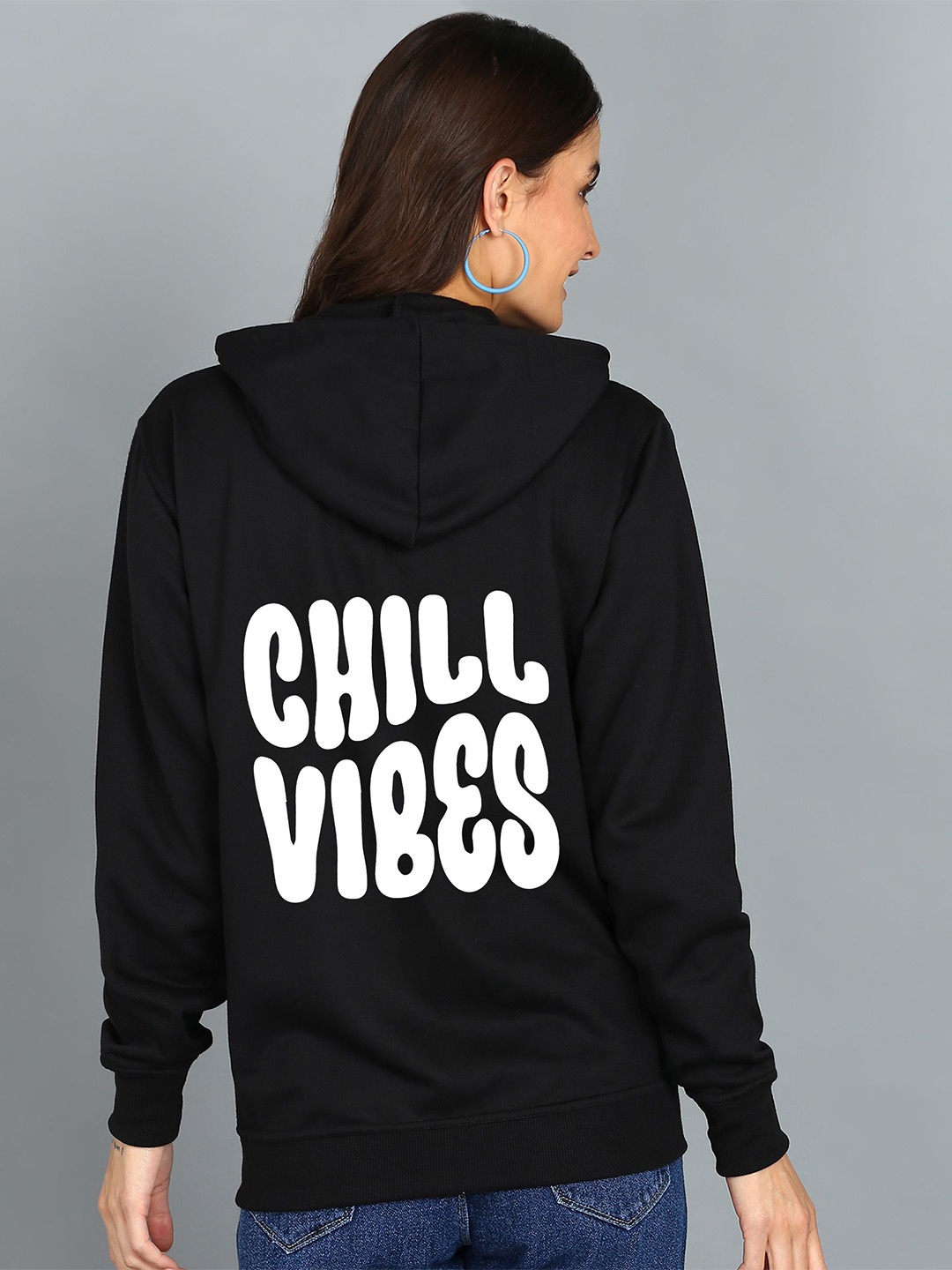 

FALTU.CO Women Printed Zip Detail Hooded Cotton Sweatshirt, Black