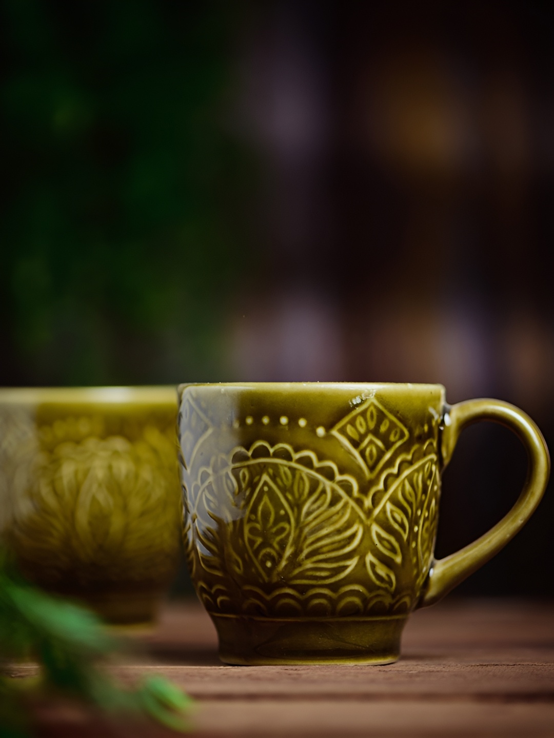 

AMALAFIEE CERAMICS Olive Green 2 Pieces Printed Ceramic Glossy Cups